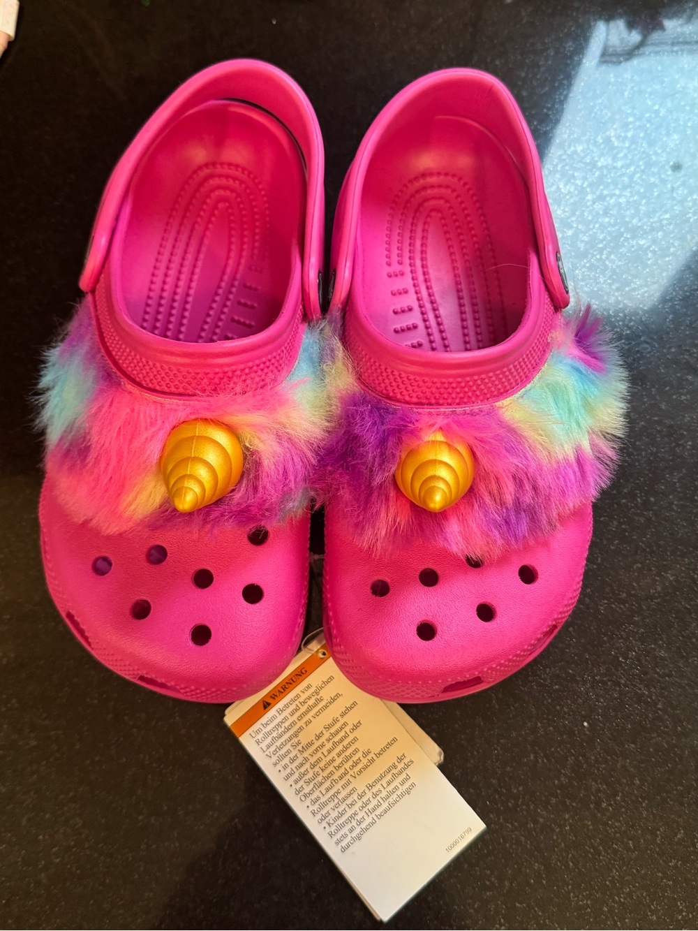 NWT Crocs Kids Pink Unicorn Horn Clog Shoes with Rainbow Fur, sz J 2